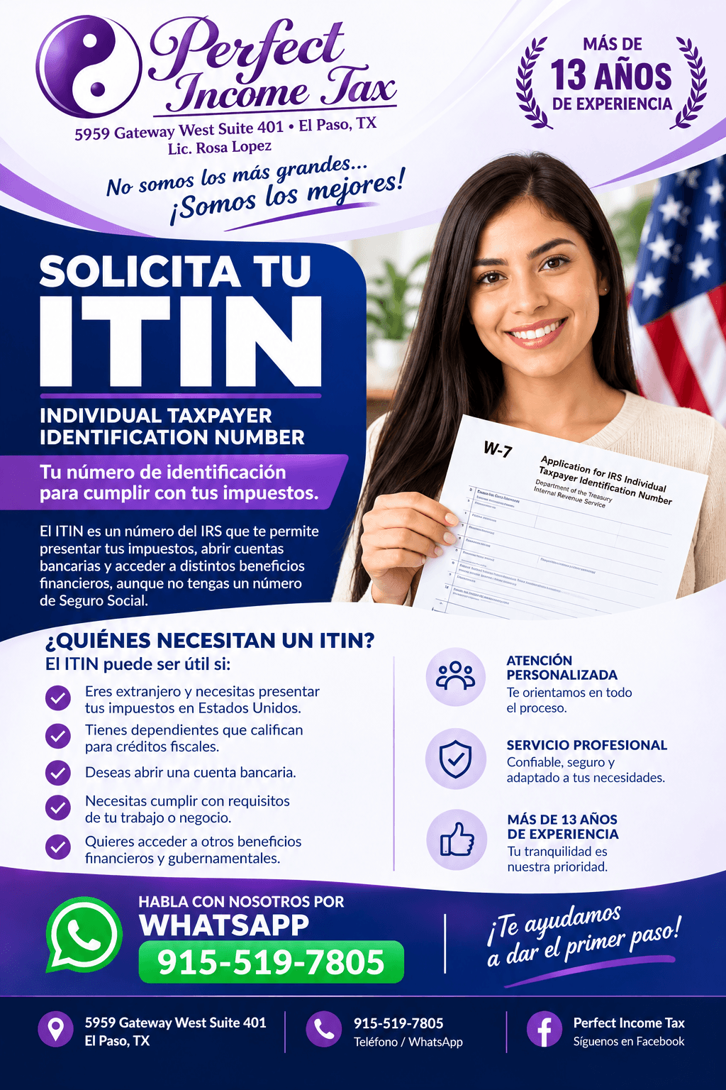 Flyer oficial de Perfect Income Tax sobre el servicio ITIN